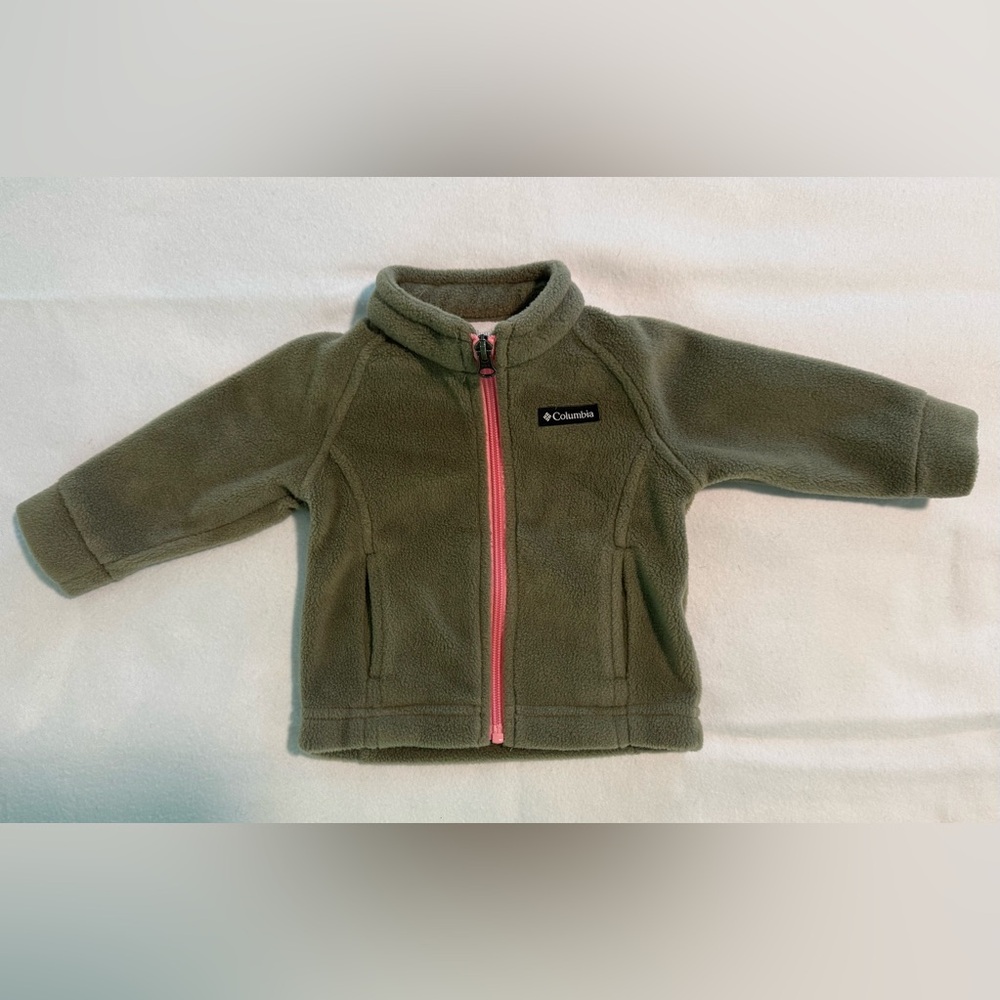 Columbia Olive Fleece Jacket with Coral Zipper